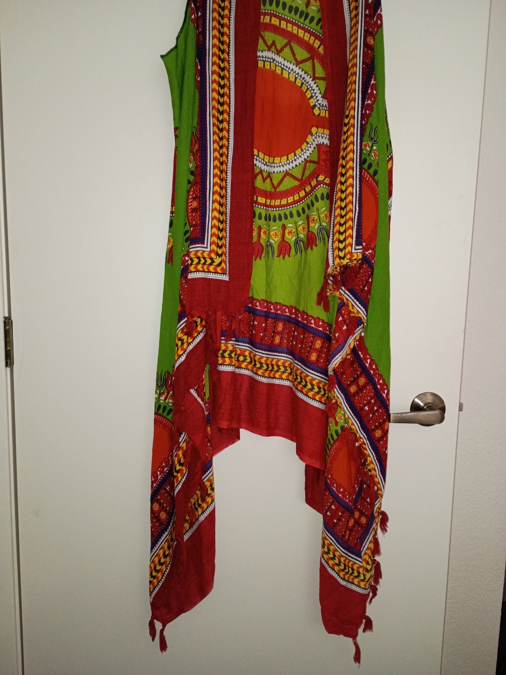 Vibrant Green and Dark Orange Ethnic Print Sleeveless Open Front Cover Up - Picture 2 of 8